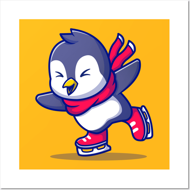 Cute Penguin Ice skating With Scarf Cartoon Wall Art by Catalyst Labs
